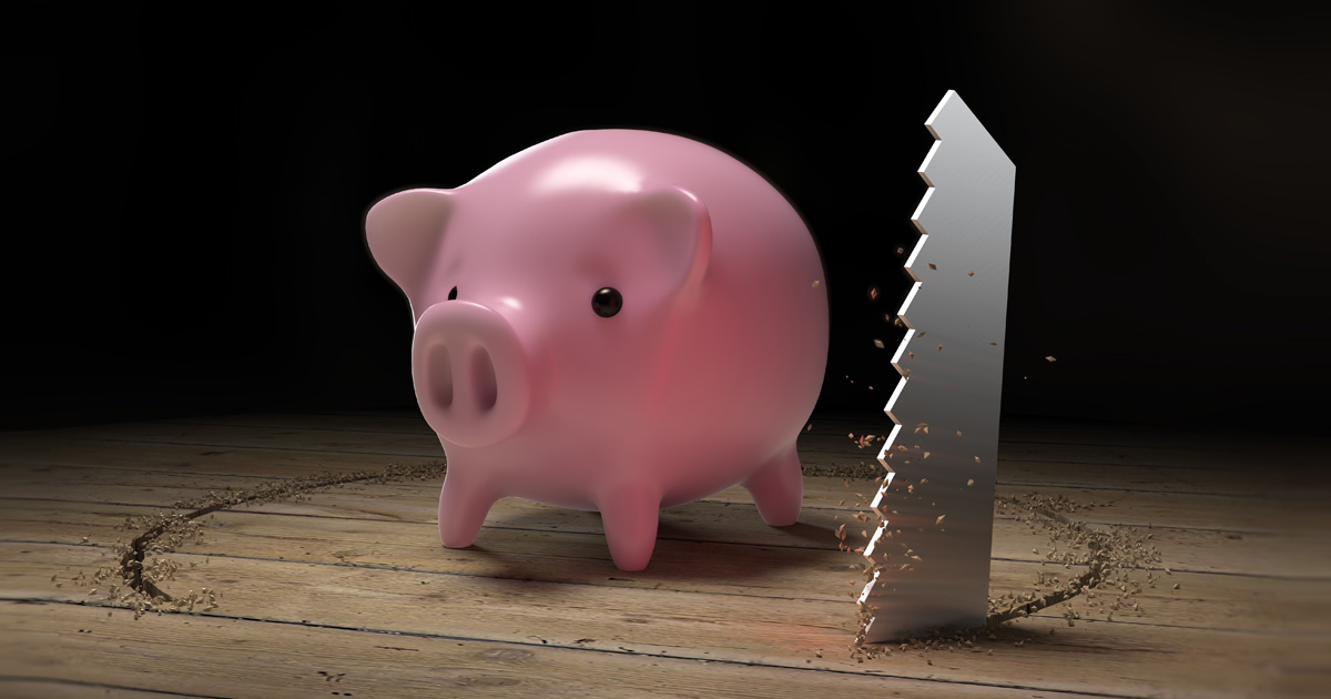 cdms Piggy bank with saw cutting through wood floor